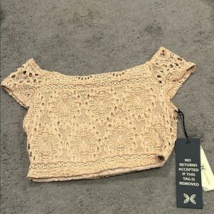 Nightcap Clothing Beige Off the Shoulder Lace Crop Top NWT